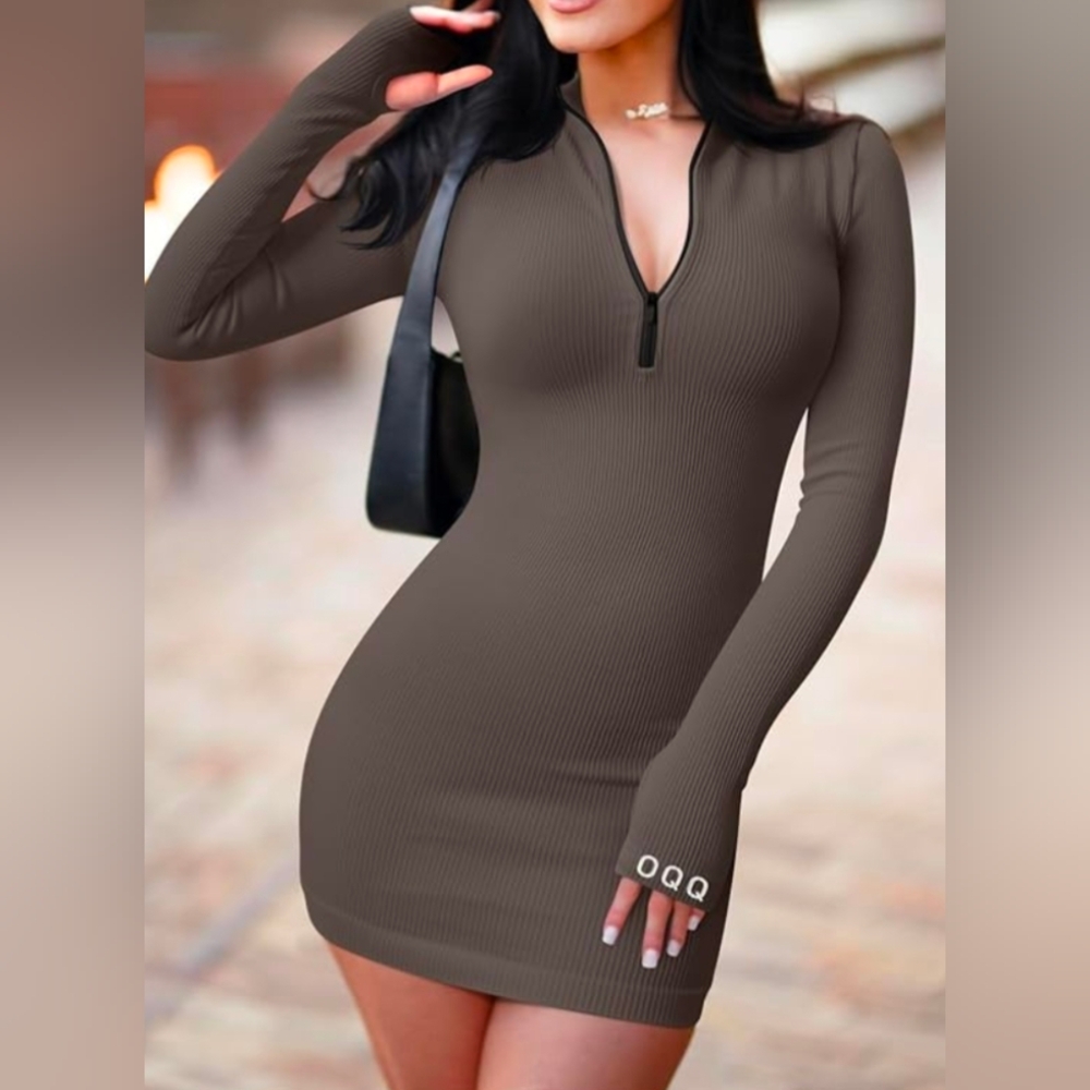 Viral OQQ Gray Long-Sleeve Mini Dress